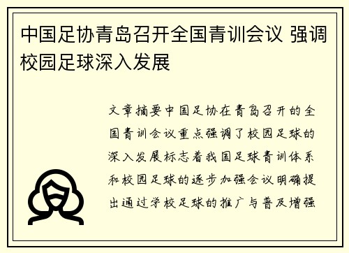 中国足协青岛召开全国青训会议 强调校园足球深入发展