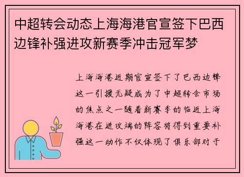 中超转会动态上海海港官宣签下巴西边锋补强进攻新赛季冲击冠军梦