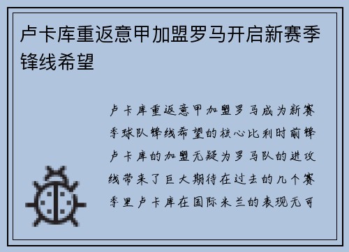 卢卡库重返意甲加盟罗马开启新赛季锋线希望 卢卡库重返意甲加盟罗马开启新赛季锋线希望